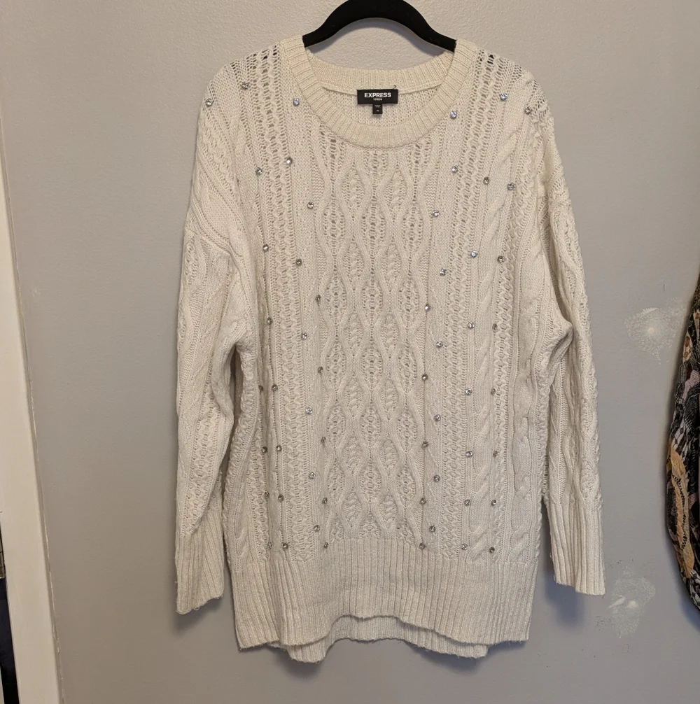 Express London White Open Knit Oversized Rhinestone Sweater - Picture 1 of 3